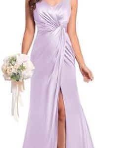 BOLENSYE Women's V Neck Satin Bridesmaid Dresses - Elegant Pleated Long Slit Formal Evening Gown for Weddings - OEKO-TEX