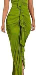Floerns Women's Elegant Bodycon Maxi Dress with Ruffle and Ruched Detail for Casual or Formal Events, Draped Split Desig