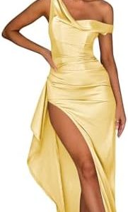 BOLENSYE Women's Satin Prom Dresses 2025 | One Shoulder Evening Gown for Cocktail Parties | Formal Dress with Slit & Ruc