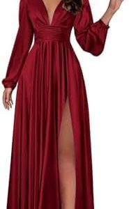 BOLENSYE Satin Bridesmaid Dresses | Long Sleeve A-Line V Neck | Ruched Slit with Pockets | Formal Evening Party Gown | O