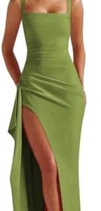 BOLENSYE Satin Prom Dresses - Long Bridesmaid Dress with Square Neck Corset - Elegant Evening Party Gown with Slit - OEK