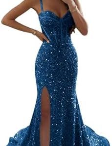 BOLENSYE Sparkly Sequin Mermaid Prom Dress with Slit for Women - Elegant Evening Corset Gown - OEKO-TEX STANDARD 100 Cer