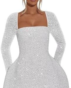 BOLENSYE Long Sleeve Corset Sequin Prom Dress for Homecoming - Sparkly Mini Cocktail Gown with Bow, OEKO-TEX STANDARD 10